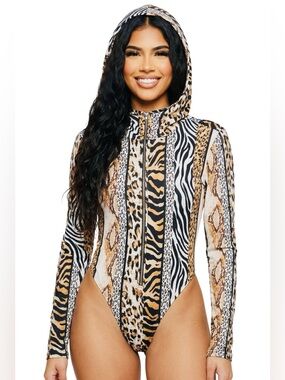 AKIRA Hooded Animal Print Long-Sleeve Bodysuit